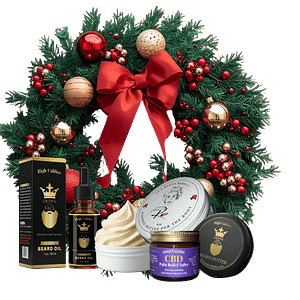 Holiday beard and body care gift bundle with beard oil, body butter, and CBD pain relief salve